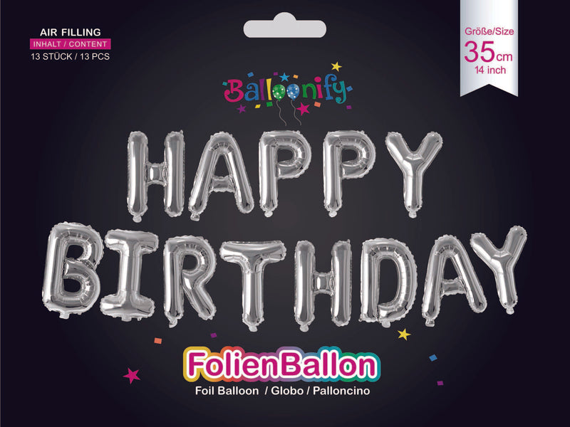 Folienballon Schriftzug HAPPY BIRTHDAY in Silber, 35cm