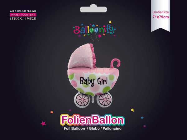 Folienballon BABY GIRL Kinderwagen in Pink, 71 x 79cm
