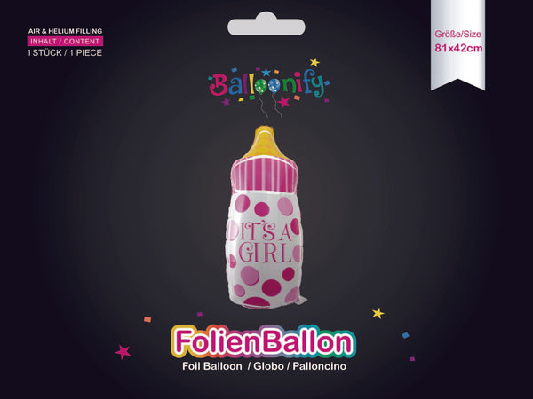 Folienballon IT'S A GIRL Babyflasche in Pink, 81 x 42cm