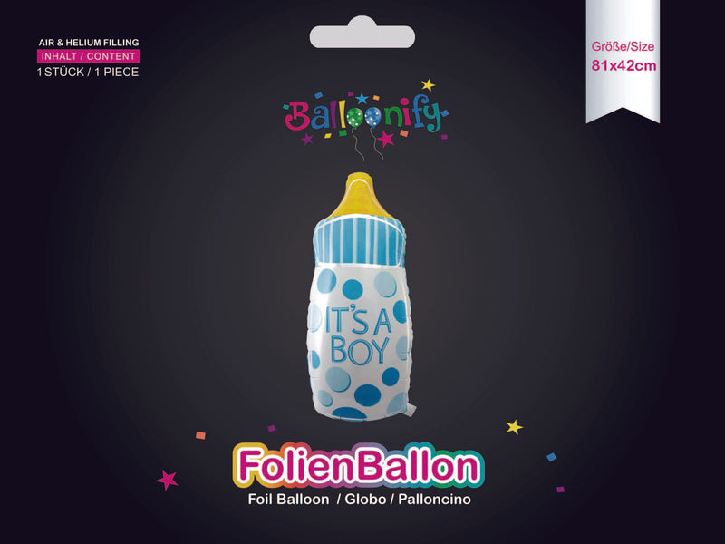 Folienballon IT'S A BOY Babyflasche in Blau, 81 x 42cm
